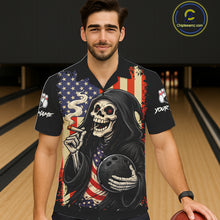 Load image into Gallery viewer, Custom American Flag Skull Bowling button-up shirts, patriotic team Bowling jerseys gift for bowlers NQS11538