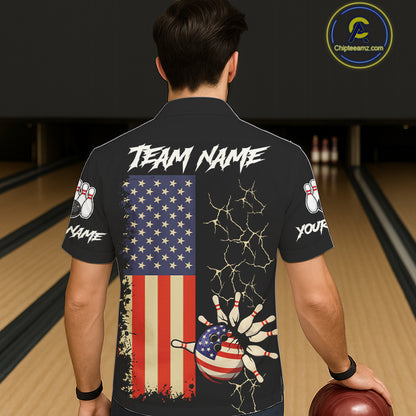 Custom American Flag Skull Bowling button-up shirts, patriotic team Bowling jerseys gift for bowlers NQS11538