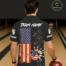 Load image into Gallery viewer, Custom American Flag Skull Bowling button-up shirts, patriotic team Bowling jerseys gift for bowlers NQS11538
