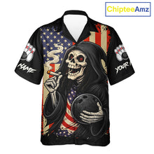 Load image into Gallery viewer, Custom American Flag Skull Bowling button-up shirts, patriotic team Bowling jerseys gift for bowlers NQS11538