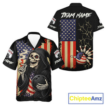 Load image into Gallery viewer, Custom American Flag Skull Bowling button-up shirts, patriotic team Bowling jerseys gift for bowlers NQS11538