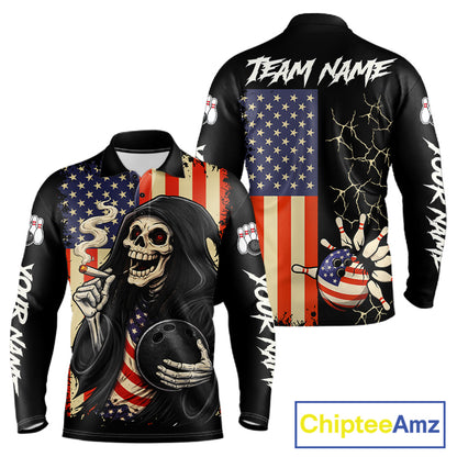 Custom American Flag Skull Bowling shirts For Men, patriotic team Bowling jerseys gift for bowlers NQS11538