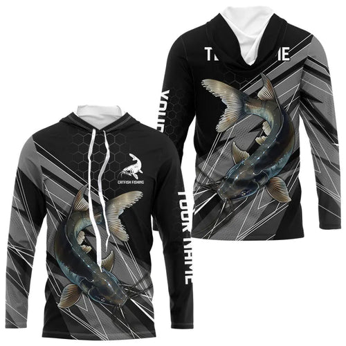 Personalized Black camo Catfish Fishing Jerseys, Catfish Long Sleeve Fishing Tournament Shirts NQS9750