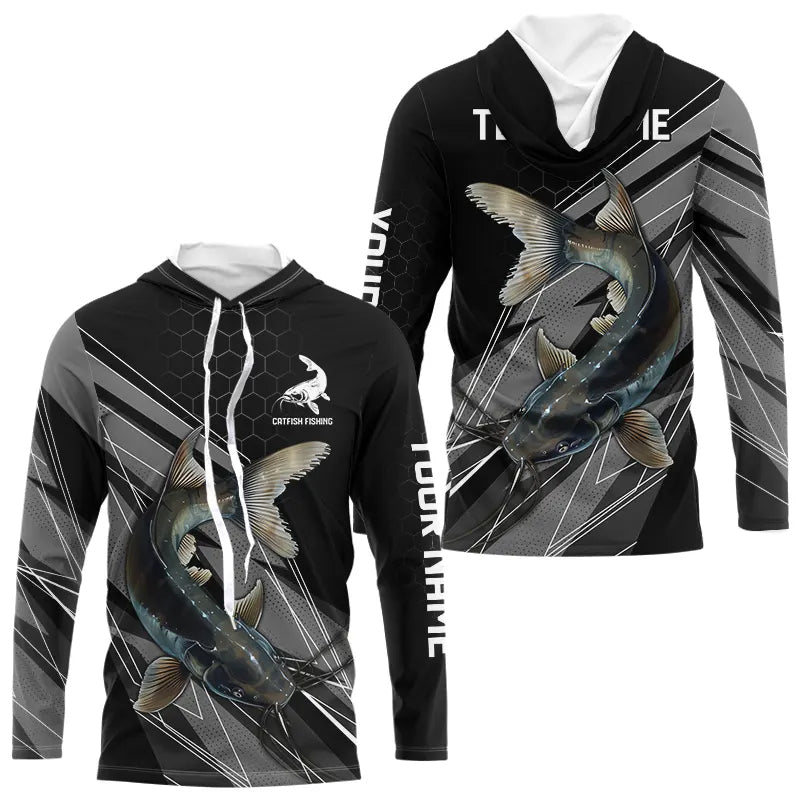 Personalized Black camo Catfish Fishing Jerseys, Catfish Long Sleeve Fishing Tournament Shirts NQS9750