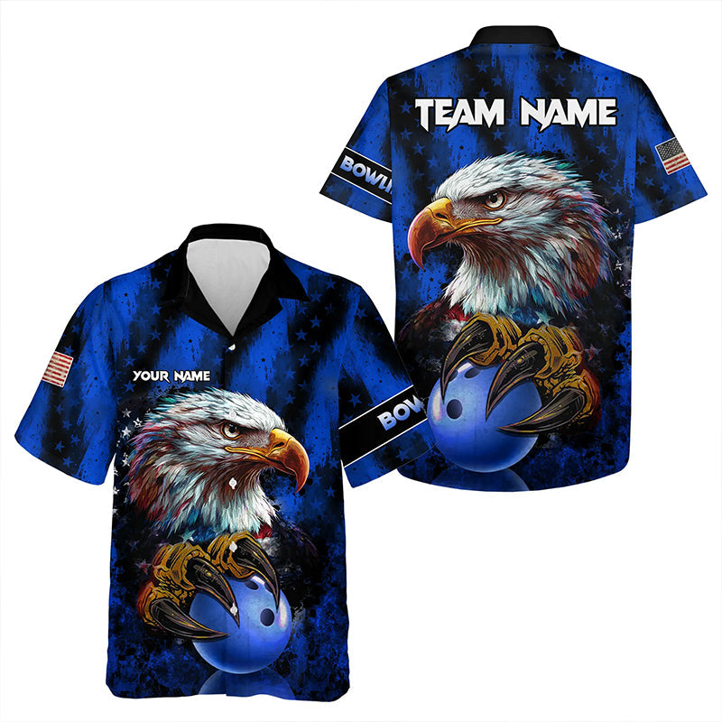 American Flag Eagle Bowling Hawaiian Shirt Custom Name Patriotic Bowling Team Button up Shirt | Blue NQS9755