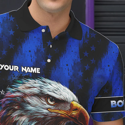 American Flag Eagle Mens Bowling Polo, 1/4 Zip Shirt Custom Name Patriotic Bowling Team Jersey | Blue NQS9755