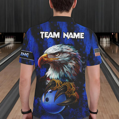American Flag Eagle Mens Bowling Polo, 1/4 Zip Shirt Custom Name Patriotic Bowling Team Jersey | Blue NQS9755