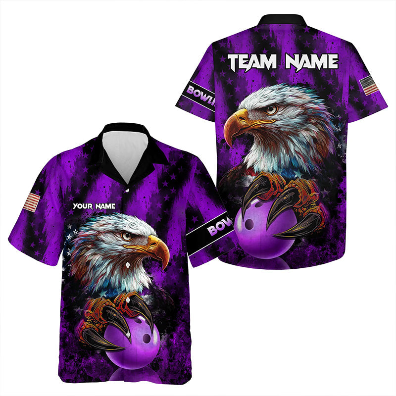 American Flag Eagle Bowling Hawaiian Shirt Custom Name Patriotic Bowling Team Button up Shirt | Purple NQS9756