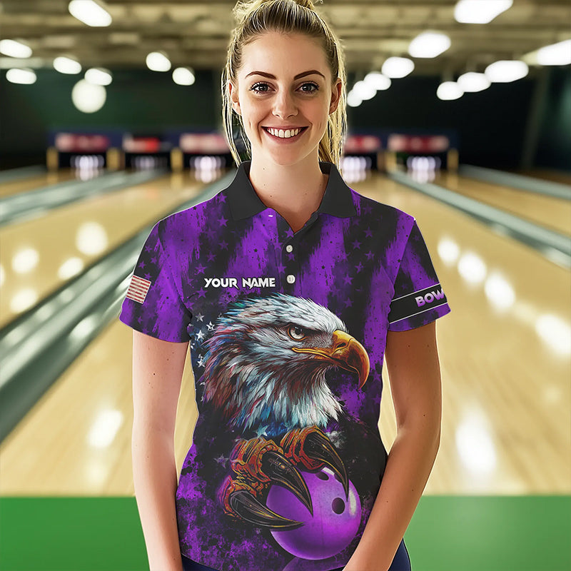 American Flag Eagle Women Bowling Polo, 1/4 Zip Shirt Custom Patriotic Bowling Team Jersey | Purple NQS9756