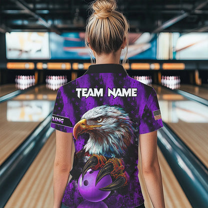American Flag Eagle Women Bowling Polo, 1/4 Zip Shirt Custom Patriotic Bowling Team Jersey | Purple NQS9756