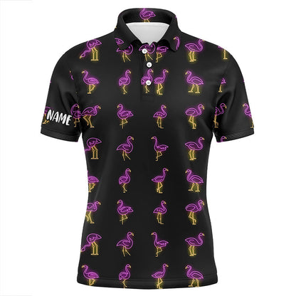 Black Mens golf polo shirt pink neon flamingos pattern custom flamingo golf polo shirts for team NQS7911