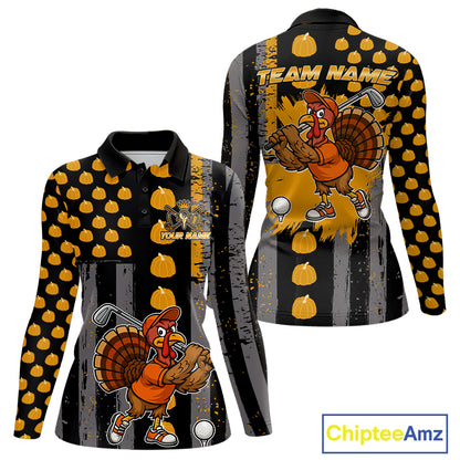 Funny Golf Polo Shirts For Women Custom Pumpkin American Flag Turkey Thanksgiving golf shirt NQS10944