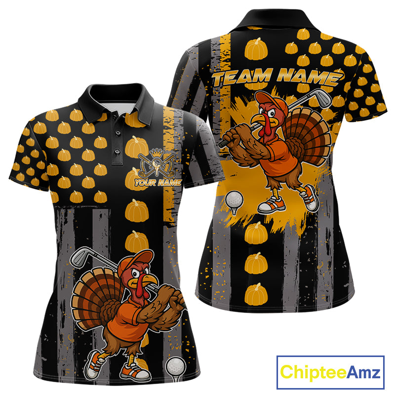 Funny Golf Polo Shirts For Women Custom Pumpkin American Flag Turkey Thanksgiving golf shirt NQS10944