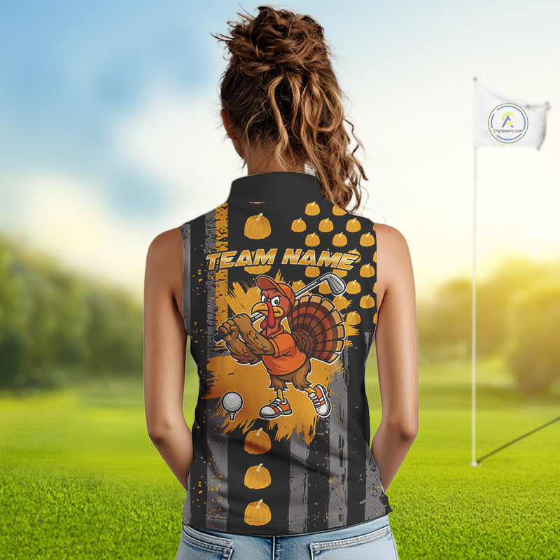Funny Women Sleeveless Golf Polo Shirt Custom Pumpkin American Flag Turkey Thanksgiving golf shirt NQS10944
