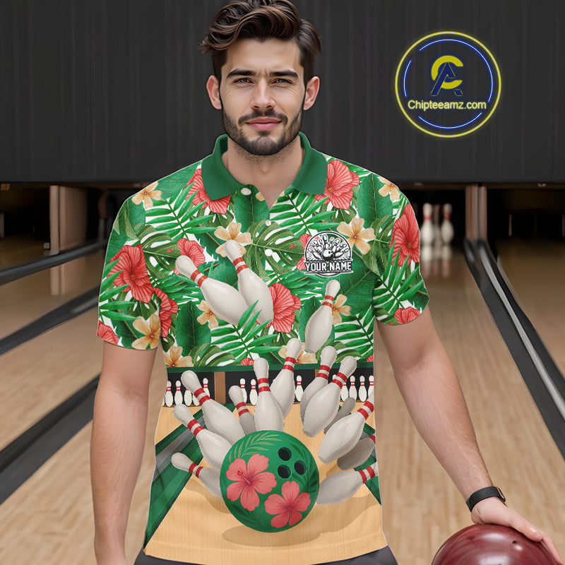 Green tropical flower Bowling Polo, Quarter Zip Shirts For Men Custom bowling team jersey NQS10945