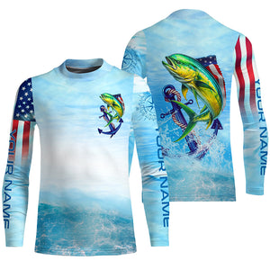 Mahi mahi fishing blue water anchor compass American flag custom patriotic long sleeve Fishing jerseys NQS6902