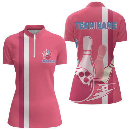 Pink Retro Women Bowling Polo, Quarter Zip shirt Custom team bowling jerseys, vintage bowling uniform NQS9275