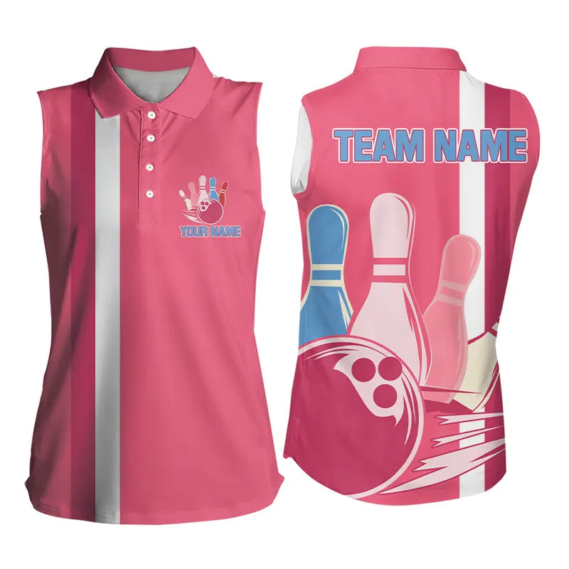 Retro Women sleeveless polo shirts Custom team bowling jerseys, vintage bowling uniform | Pink NQS9275