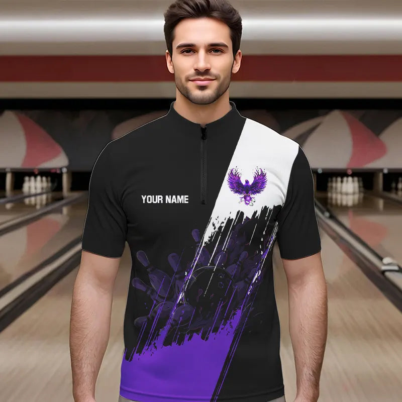 Black and Purple Eagle bowling jerseys Polo, Quarter Zip Shirt for Men Custom Bowling Team shirts NQS9437