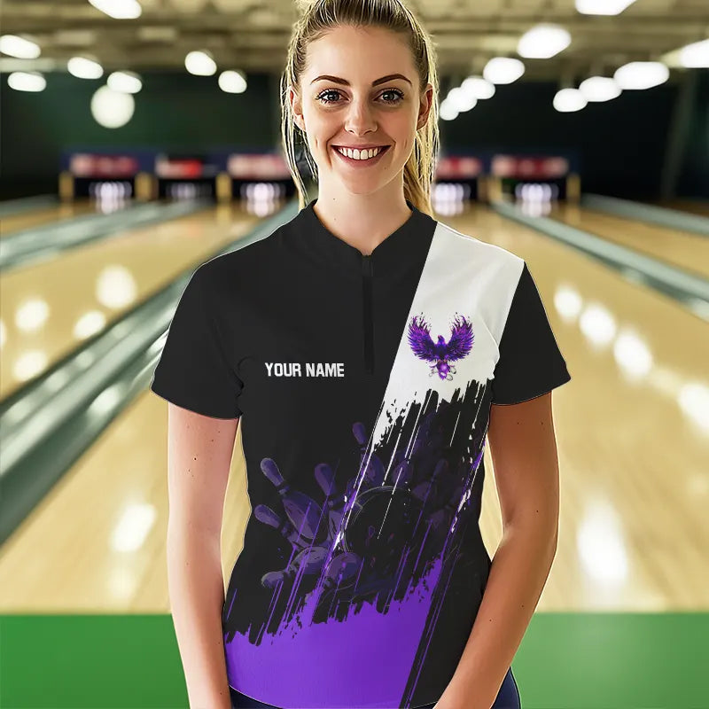 Black and Purple Eagle bowling jerseys Polo, Quarter Zip Shirt for Women Custom Bowling Team shirts NQS9437
