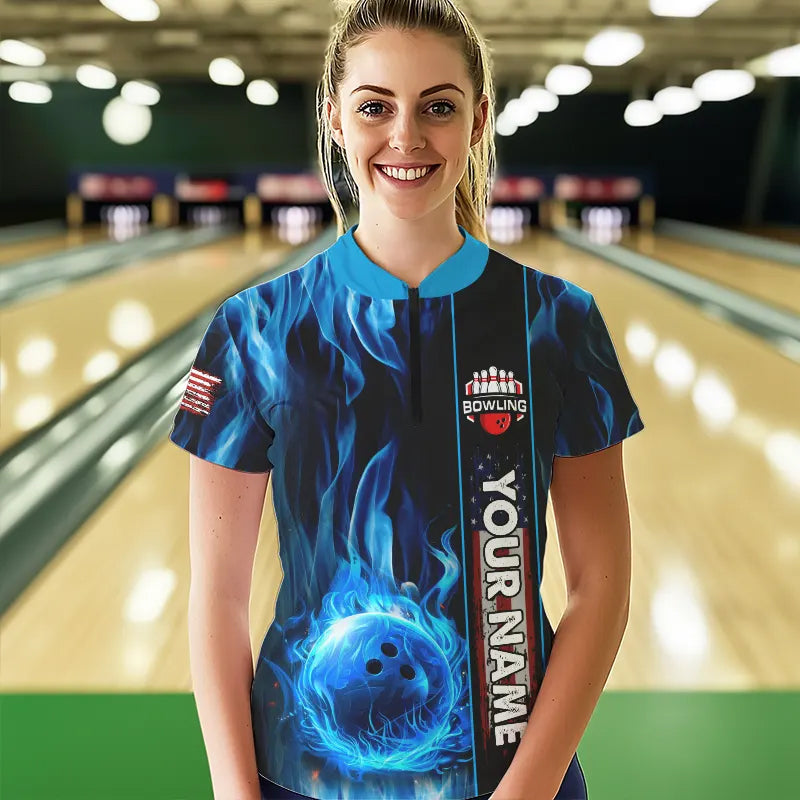 Blue Flame American Flag Women Bowling Polo, Quarter Zip Shirt  Custom Patriotic Bowling Team Jerseys NQS9439