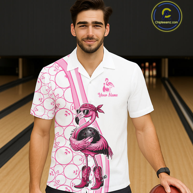 Funny Cute Pink Flamingo Custom White & Pink Bowling Hawaiian Shirts, Flamingo Bowling Team Outfits NQS11544