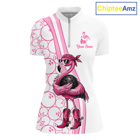Funny Cute Pink Flamingo Custom White & Pink Bowling Shirts For Ladies, Flamingo Bowling Team Outfits NQS11544