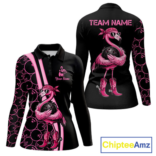 Funny Cute Pink Flamingo Custom Black & Pink Bowling Shirts For Ladies, Flamingo Bowling Team Outfits NQS11545