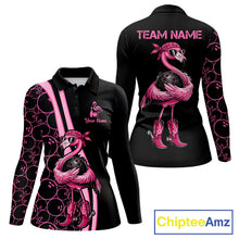 Load image into Gallery viewer, Funny Cute Pink Flamingo Custom Black &amp; Pink Bowling Shirts For Ladies, Flamingo Bowling Team Outfits NQS11545