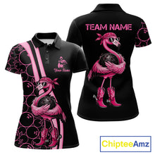 Load image into Gallery viewer, Funny Cute Pink Flamingo Custom Black &amp; Pink Bowling Shirts For Ladies, Flamingo Bowling Team Outfits NQS11545