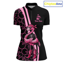 Load image into Gallery viewer, Funny Cute Pink Flamingo Custom Black &amp; Pink Bowling Shirts For Ladies, Flamingo Bowling Team Outfits NQS11545