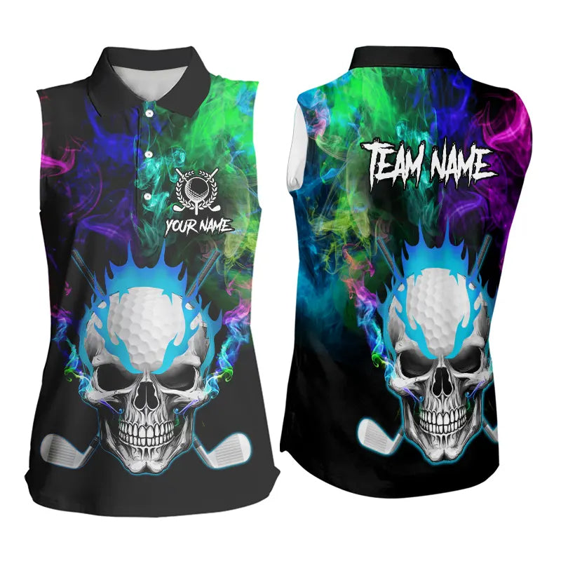 Colorful smoke Skull Sleeveless Golf Polo shirts for Women Custom Team Golf Jerseys, unique golf gifts NQS9610