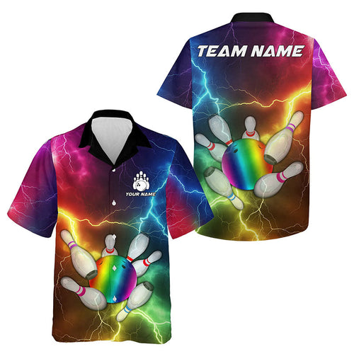 Bowling Hawaiian Shirt Custom Colorful Rainbow Lightning Thunder Bowling ball pins Team bowler shirts NQS9767