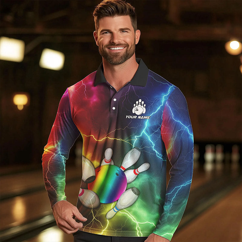 Mens Bowling shirts Custom Colorful Rainbow Lightning Thunder Bowling ball and pins Team bowler Jersey NQS9767
