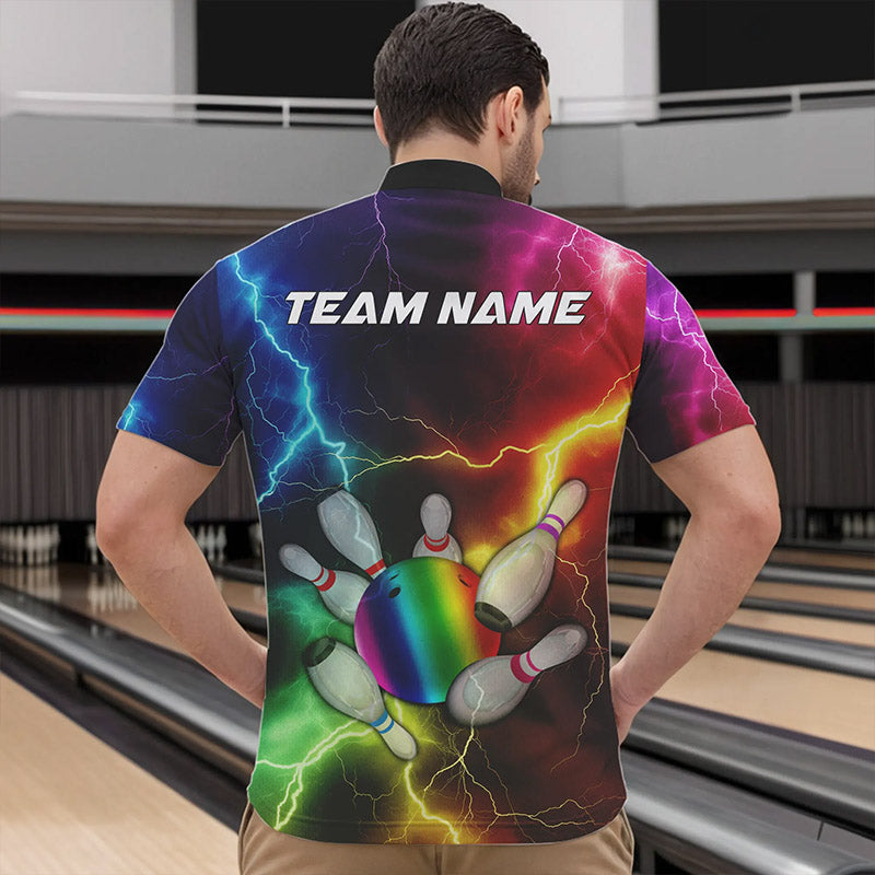 Mens Bowling shirts Custom Colorful Rainbow Lightning Thunder Bowling ball and pins Team bowler Jersey NQS9767