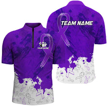 Load image into Gallery viewer, Personalized Purple Ribbons Pattern Bowling Shirts For Men, Custom breast cancer bowling shirts NQS8348