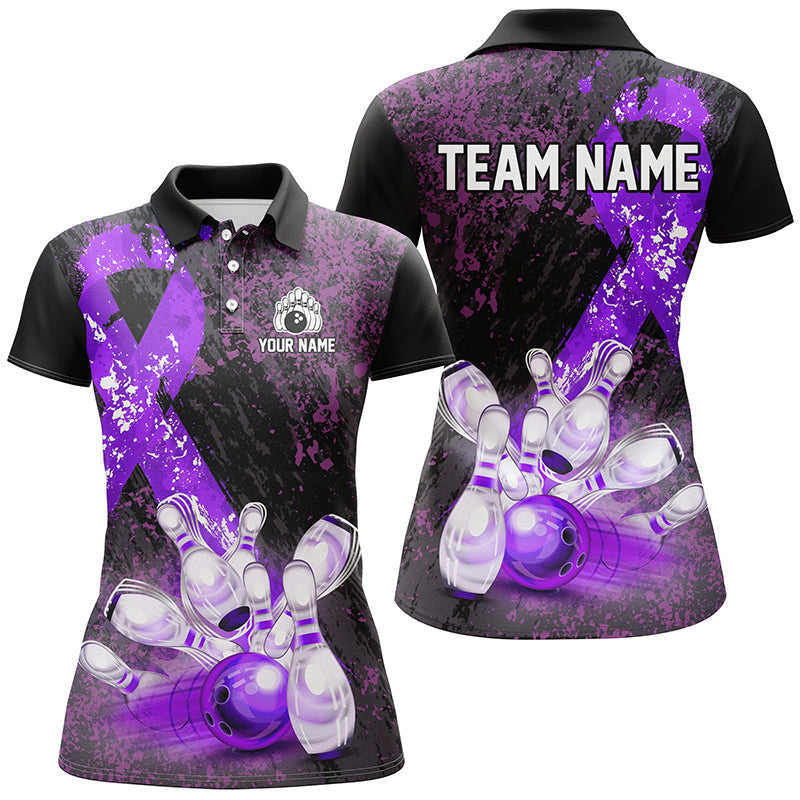 Personalized Purple Ribbons Grunge Bowling Shirts For Women, Custom breast cancer bowling Team shirts NQS8353