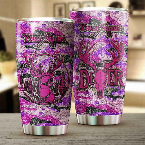 1pc Deer Hunting pink glitter camo Custom name Stainless Steel Tumbler Cup Personalized Hunting gifts NQS1050