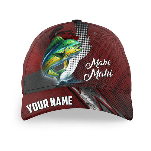 Mahi mahi fishing camo hats for men, women custom baseball best Dorado fishing hat | Red NQS8796