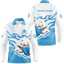 Load image into Gallery viewer, White and Blue Mens polo, quarter zip bowling shirt Custom bowling ball pins team league jerseys NQS8799