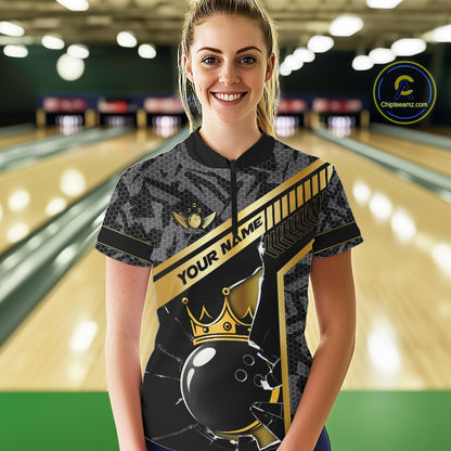 Black Camo and Gold Broken Crown Bowling Ball Bowling Shirts For Women Custom Bowling Team Jerseys NQS11139