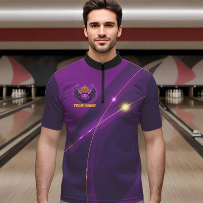Purple and Gold Crown Bowling ball wings Bowling Shirts For Men Custom Bowling Team Outfits NQS9445