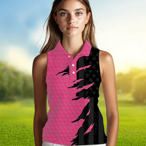 Womens sleeveless golf polos shirts pink golf ball skin black American flag ladies golf apparel NQS9775
