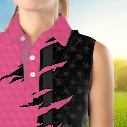 Womens sleeveless golf polos shirts pink golf ball skin black American flag ladies golf apparel NQS9775