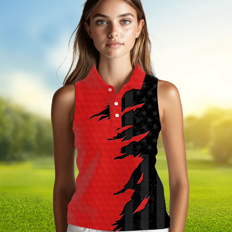 Womens sleeveless golf polos shirts red golf ball skin black American flag ladies golf apparel NQS9776