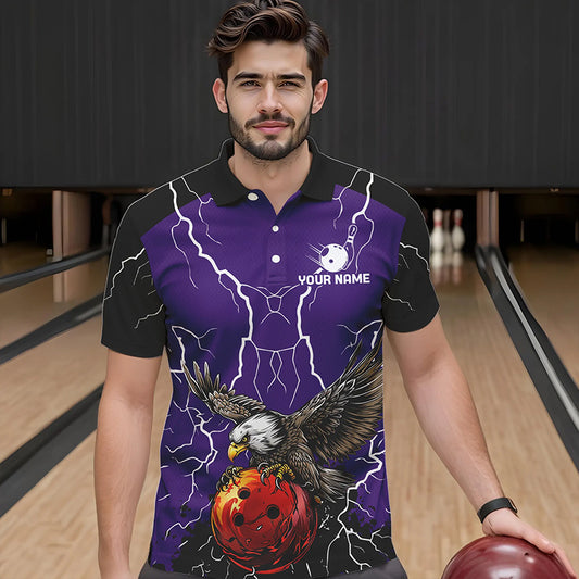 Men's bowling Polo, Quarter Zip shirt Custom Eagle bowling lightning storm team league jersey | Purple NQS9782