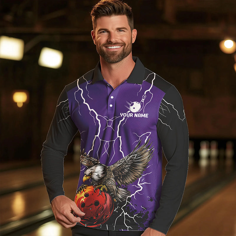 Men's bowling Polo, Quarter Zip shirt Custom Eagle bowling lightning storm team league jersey | Purple NQS9782