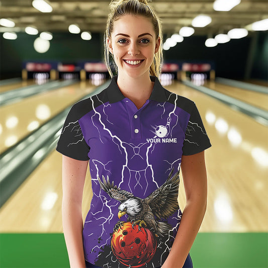 Women bowling Polo, Quarter Zip shirt Custom Eagle bowling lightning storm team league jersey | Purple NQS9782