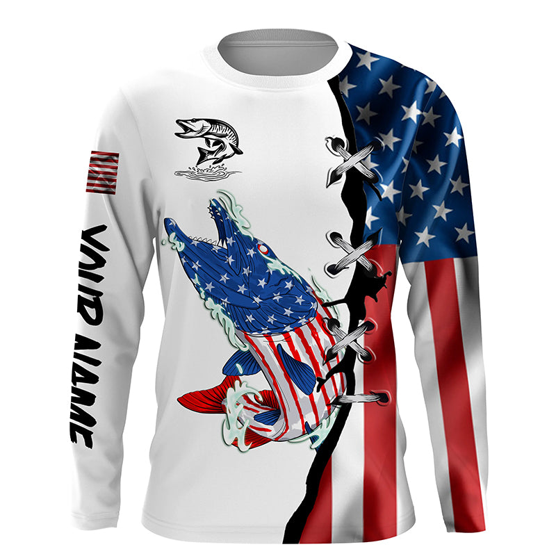 Musky fishing legend American flag patriotic UV protection Customize long sleeves fishing shirts NQS5567