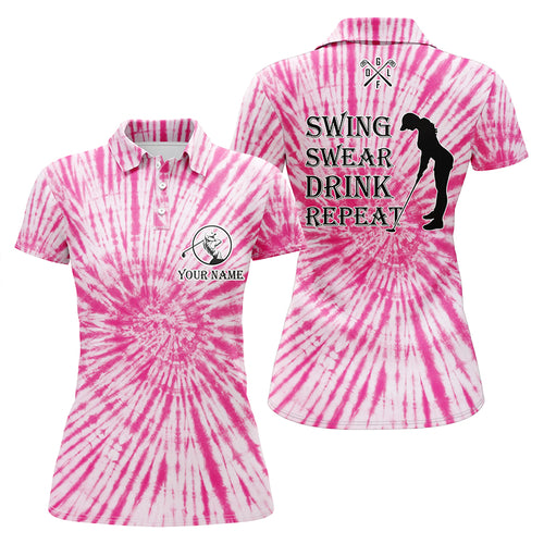 Funny Womens golf polos shirts custom name swing swear drink repeat pink tie dye pattern golf shirts NQS5576